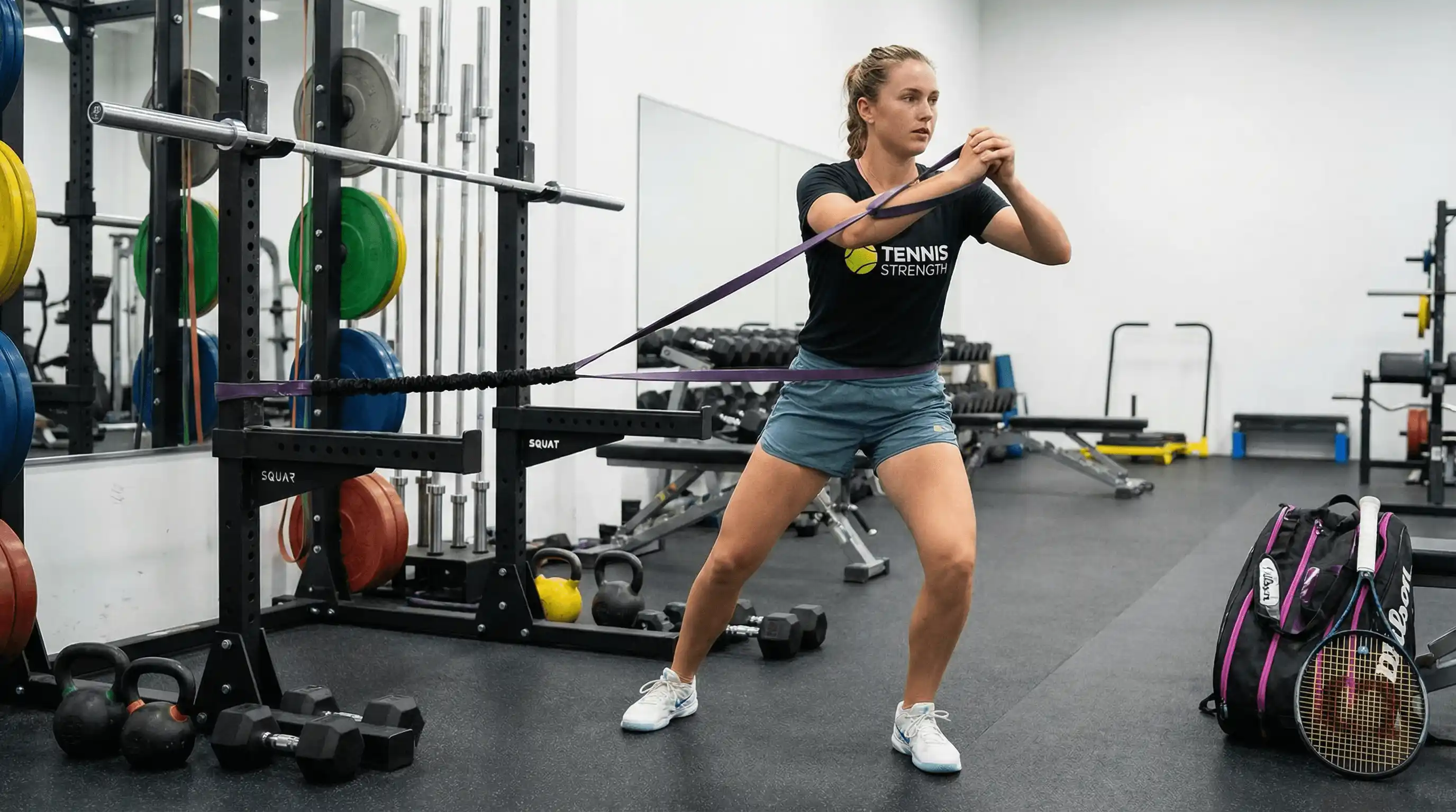 لاعب تنس يمارس تمارين القوة والتحمل في الصالة