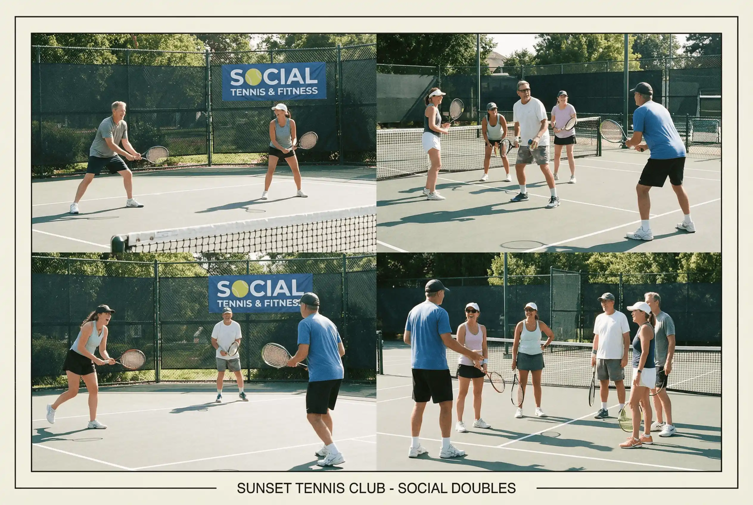 بالغون يلعبون التنس في حصة لياقة وتنس جماعية