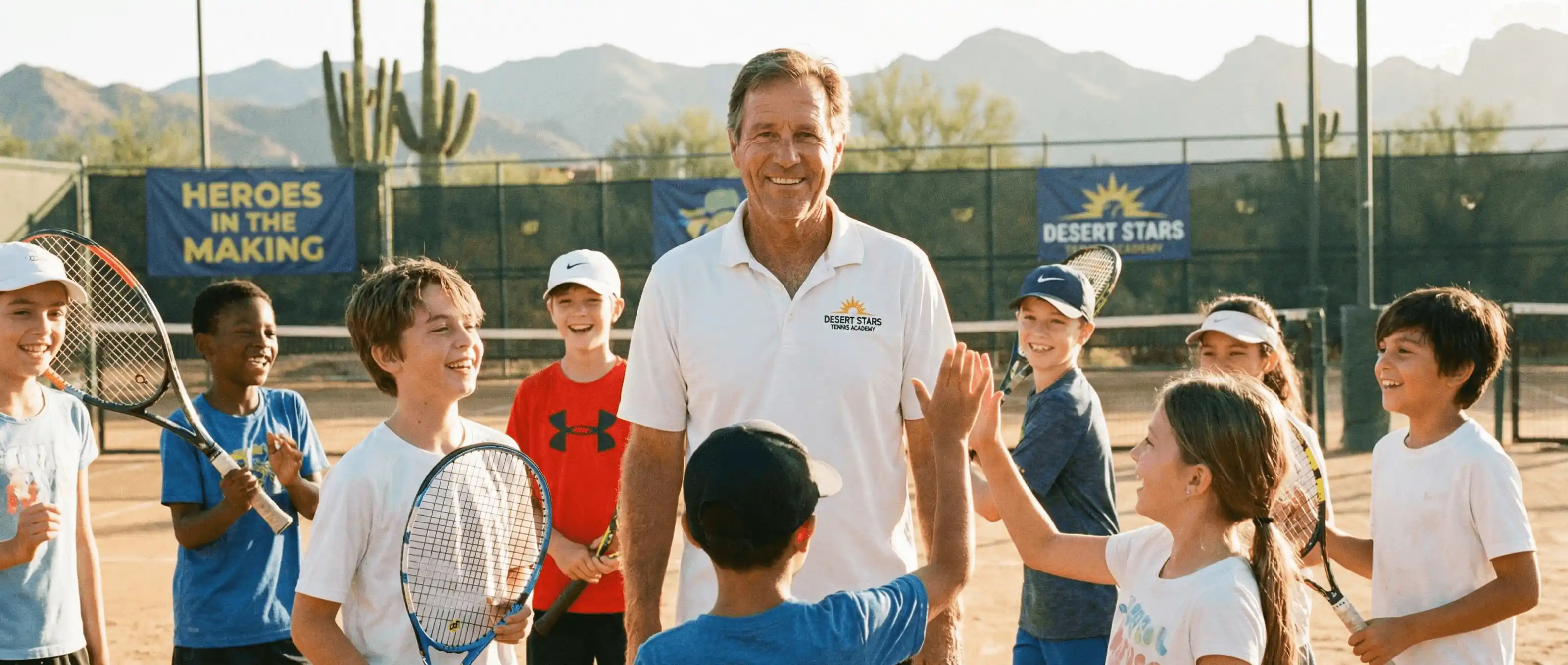 مدرب تنس يوجه لاعبين صغار على ملعب تنس بإطلالة صحراوية