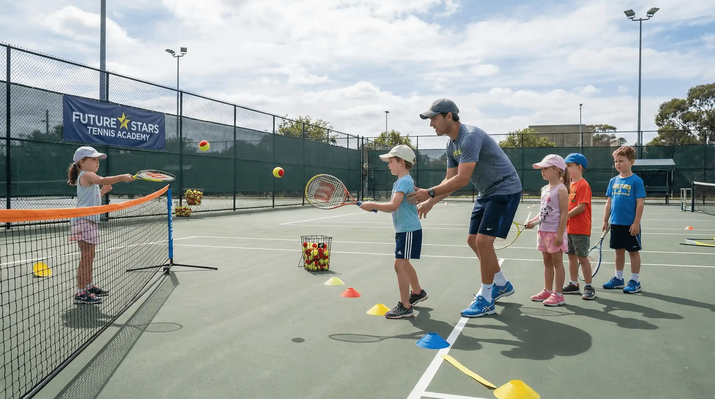 لاعب ناشئ يتعلم المهارات الفنية في التنس